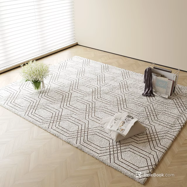 Geometric Pattern Square Rug On Wooden Floor With White Flower Bouquet And Magazines Near Blinds 3d model 