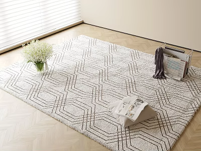 Geometric Pattern Square Rug On Wooden Floor With White Flower Bouquet And Magazines Near Blinds 3d model