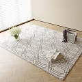 Geometric Pattern Square Rug On Wooden Floor With White Flower Bouquet And Magazines Near Blinds