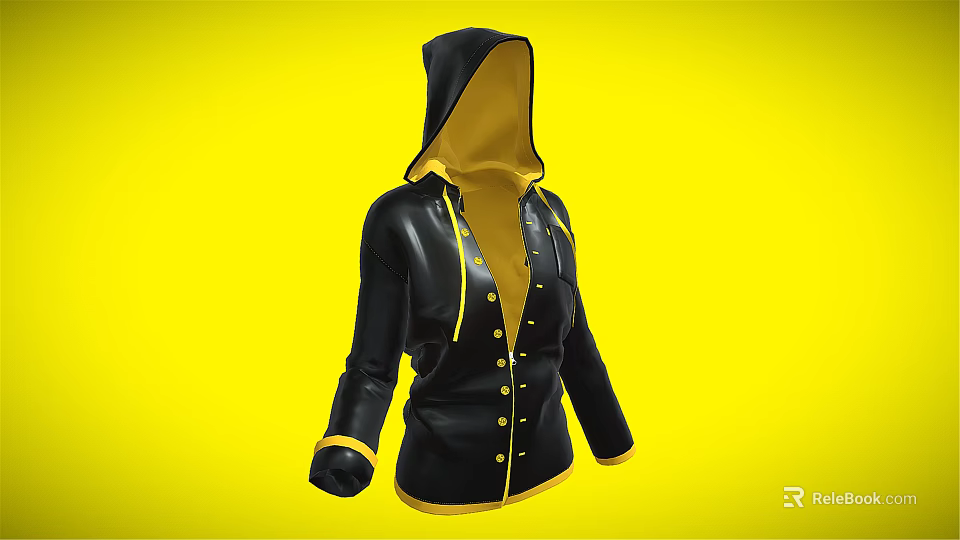 Stylish Black Hooded Jacket With Yellow Lining And Cuffs And Buttons 3d model 