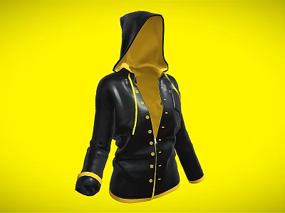 Stylish Black Hooded Jacket With Yellow Lining And Cuffs And Buttons 3d model
