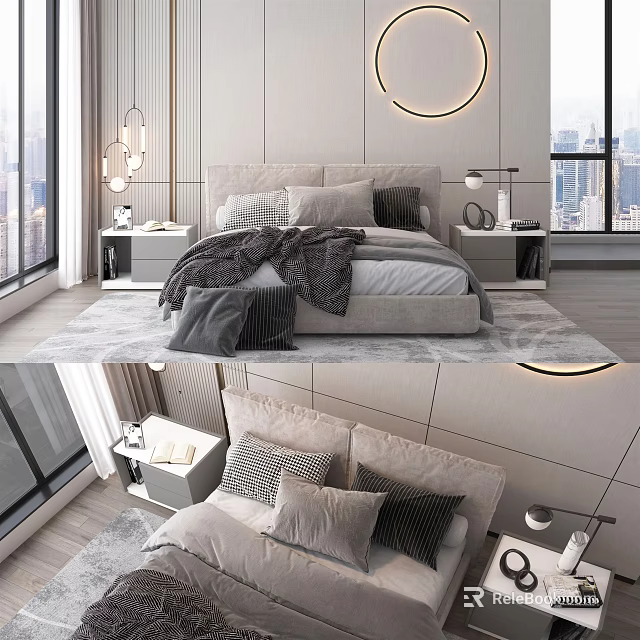 Modern Double Bed Bedroom Interior With Soft Pillows Cozy Blanket Nightstands And City View Windows 3d model 