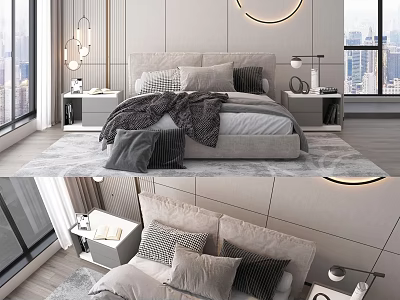 Modern Double Bed Bedroom Interior With Soft Pillows Cozy Blanket Nightstands And City View Windows 3d model