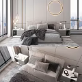 Modern Double Bed Bedroom Interior With Soft Pillows Cozy Blanket Nightstands And City View Windows