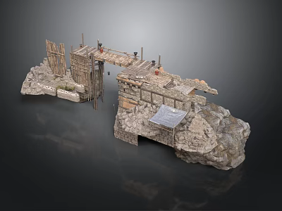 Rustic Fortress Scene Structure With Rock Base Wooden Gate And Platform 3d model