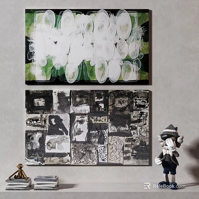 Abstract Green White Paintings With Black White Collage And Decorative Toy Figure 3d model 