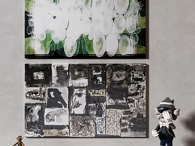 Abstract Green White Paintings With Black White Collage And Decorative Toy Figure 3d model