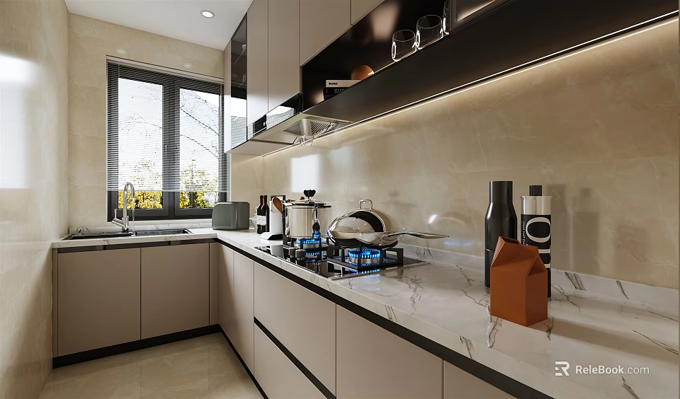 Modern Kitchen Interior With Marble Countertop Cabinets Gas Stove Window And Lighting 3d model