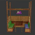 Public Chair With Bamboo Frame Pink Patterned Seats Small Table And Hanging Lamp Shade