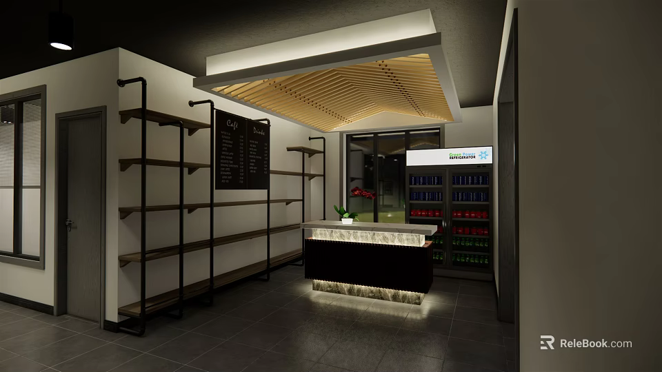 Modern Clubhouse Reception Area With Wooden Ceiling Marble Counter Display Shelves And Glass Door 3d model 