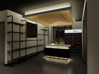 Modern Clubhouse Reception Area With Wooden Ceiling Marble Counter Display Shelves And Glass Door 3d model