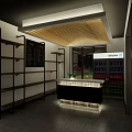 Modern Clubhouse Reception Area With Wooden Ceiling Marble Counter Display Shelves And Glass Door