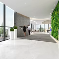 Front Desk Reception With Modern Design Green Living Wall Yellow Geometric And White Curved Wall