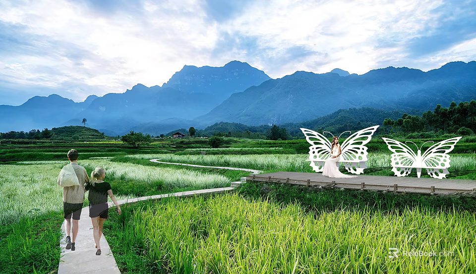 Butterfly Shaped Landscape Seats In Rice Fields With Mountain Backdrop And Natural Scenery 3d model 