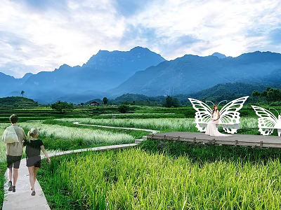 Butterfly Shaped Landscape Seats In Rice Fields With Mountain Backdrop And Natural Scenery 3d model