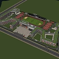 Modern School Campus with Classroom Buildings Lush Greenery and Sports Track Facilities