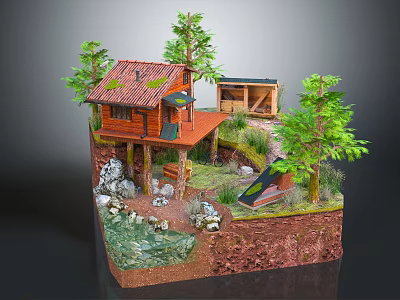 Rustic Log Cabin With Red Tile Roof Wooden Deck Pine Trees Small Stream And Rocks 3d model