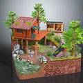 Rustic Log Cabin With Red Tile Roof Wooden Deck Pine Trees Small Stream And Rocks