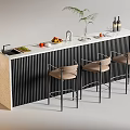 Modern Bar Counter Design With Stone Top Potted Plant Fruits Wine Bottles And Stools