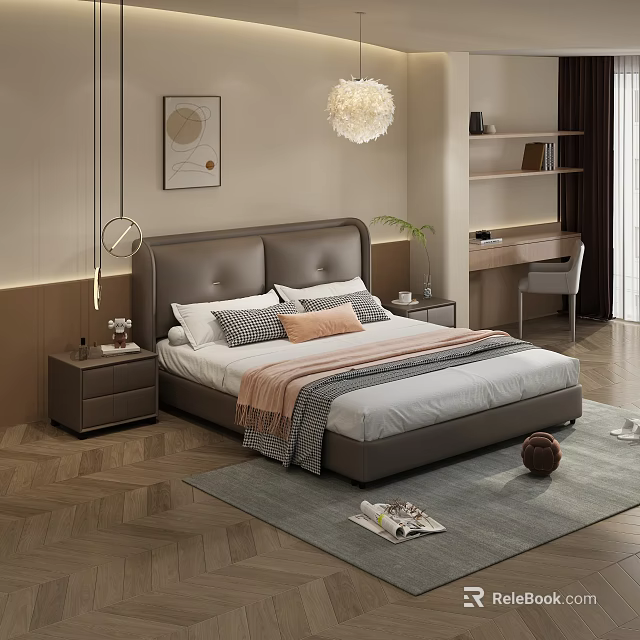 Modern Background Double Bed Interior With Brown Leather Headboard White Sheets Gray Orange Pillows Gray Rug 3d model 