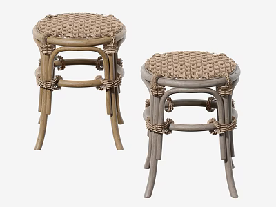 Two Stylish Rattan Stools With Woven Seats Curved Legs Light Brown And Gray 3d model