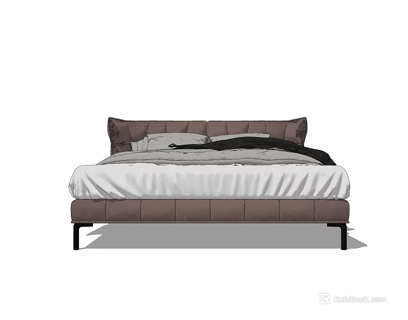Modern Double Bed With Dark Upholstered Headboard White Bedding And Black Legs 3d model