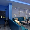 Modern KTV Lounge with Blue Sofas Decorative Wall TV Drink Tables and Stools 3d model