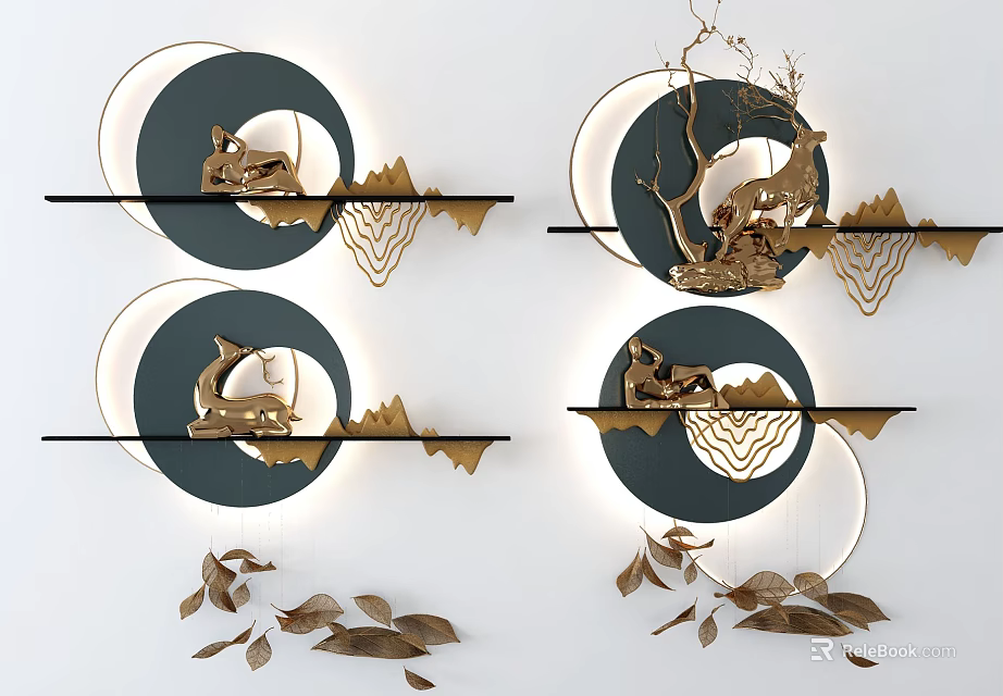 Stylish Golden Wall Decor with Circular Frames Deer Mountain Patterns and Leaf Accents 3d model