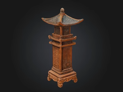 Traditional Chinese Wooden Lantern Shaped Ornament With Intricate Carved Patterns And Stand 3d model