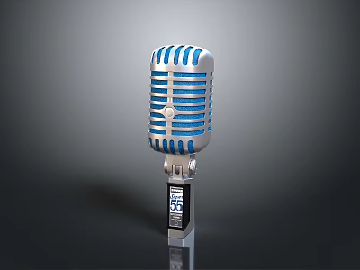 Vintage Blue And White Microphone For Daily Life Use With Classic Mesh Grille And Stand 3d model