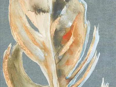 Watercolor Animal Painting With Golden Brown Feather Blue Background And Orange Artistic Accents 3d model