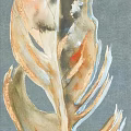 Watercolor Animal Painting With Golden Brown Feather Blue Background And Orange Artistic Accents