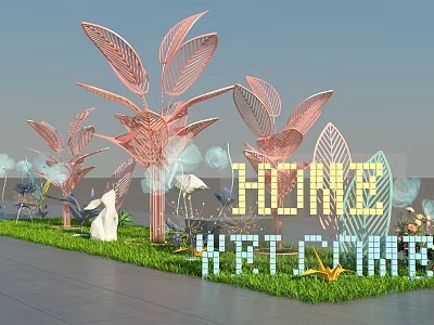 Modern Pink Leaf Shaped Art Installation In Grass With Sculptures 3d model