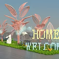 Modern Pink Leaf Shaped Art Installation In Grass With Sculptures 3d model