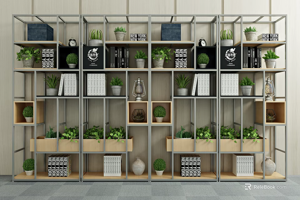 Modern Open Bookshelf Design With Shelves Filled With Books Potted Plants And Decorative Ornaments 3d model 
