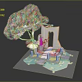 3D Miniature Island Scene With Green Tree Archway Water Pool And Colorful Structures