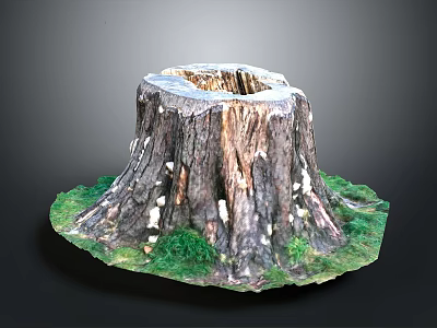 Natural Wooden Tree Stump Decor With Hollow Center And Grass Moss Accents 3d model