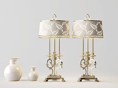 Elegant Table Lamps with Gold Base Decorative Metal Beige Leaf Pattern Lampshades and White Vases 3d model