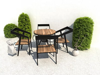Round Wooden Top Outdoor Table With Four Black Frame Chairs And Green Bushes 3d model