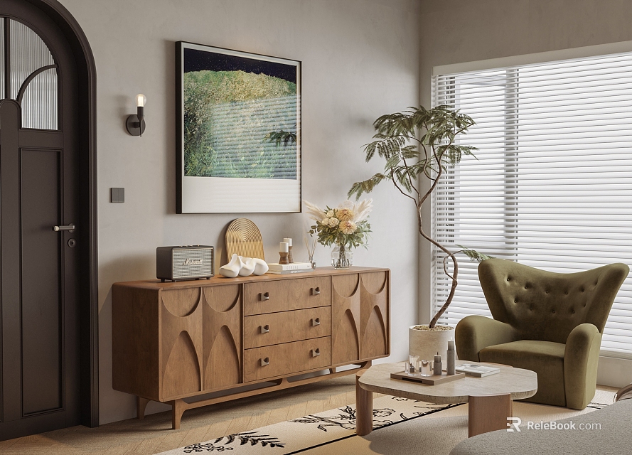 Wooden Chest of Drawers in Living Space with Armchair Potted Plant Artwork and Coffee Table 3d model 
