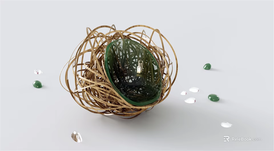 Woven Rattan Single Chair Featuring Green Glass Center And Scattered Stones 3d model 