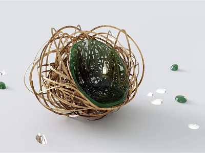Woven Rattan Single Chair Featuring Green Glass Center And Scattered Stones 3d model