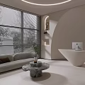 Modern Front Desk Reception Area With Sofa Round Marble Table Potted Plant And Arched Doorways
