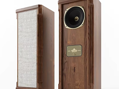 Wooden Floor Standing Speaker with Front Grille and Classic Design Metal Nameplate 3d model