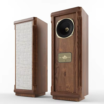 Wooden Floor Standing Speaker with Front Grille and Classic Design Metal Nameplate 3d model