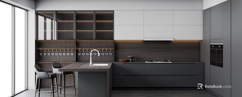 Sleek Modern Dark Tone Kitchen With LED Lighting Cabinets Island And Wine Glass Hanging Racks 3d model 