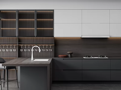 Sleek Modern Dark Tone Kitchen With LED Lighting Cabinets Island And Wine Glass Hanging Racks 3d model