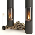 Black Cylindrical Fireplace with Glass Door Burning Fire Wood Logs and Fireplace Tools