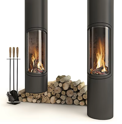 Black Cylindrical Fireplace with Glass Door Burning Fire Wood Logs and Fireplace Tools 3d model