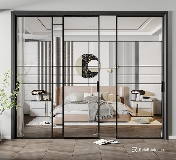 Modern Bedroom Interior With Black Frame Glass Sliding Door And Decorative Elements 3d model 